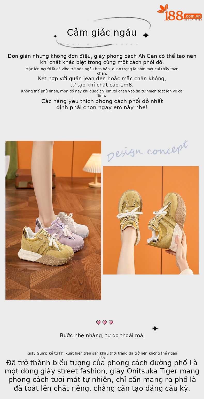 Giày sneaker nữ đế dày chunky da microfibre phong cách đơn giản, gót siêu cao 8cm — Len thuần, Vàng, Tím chi tiết 4