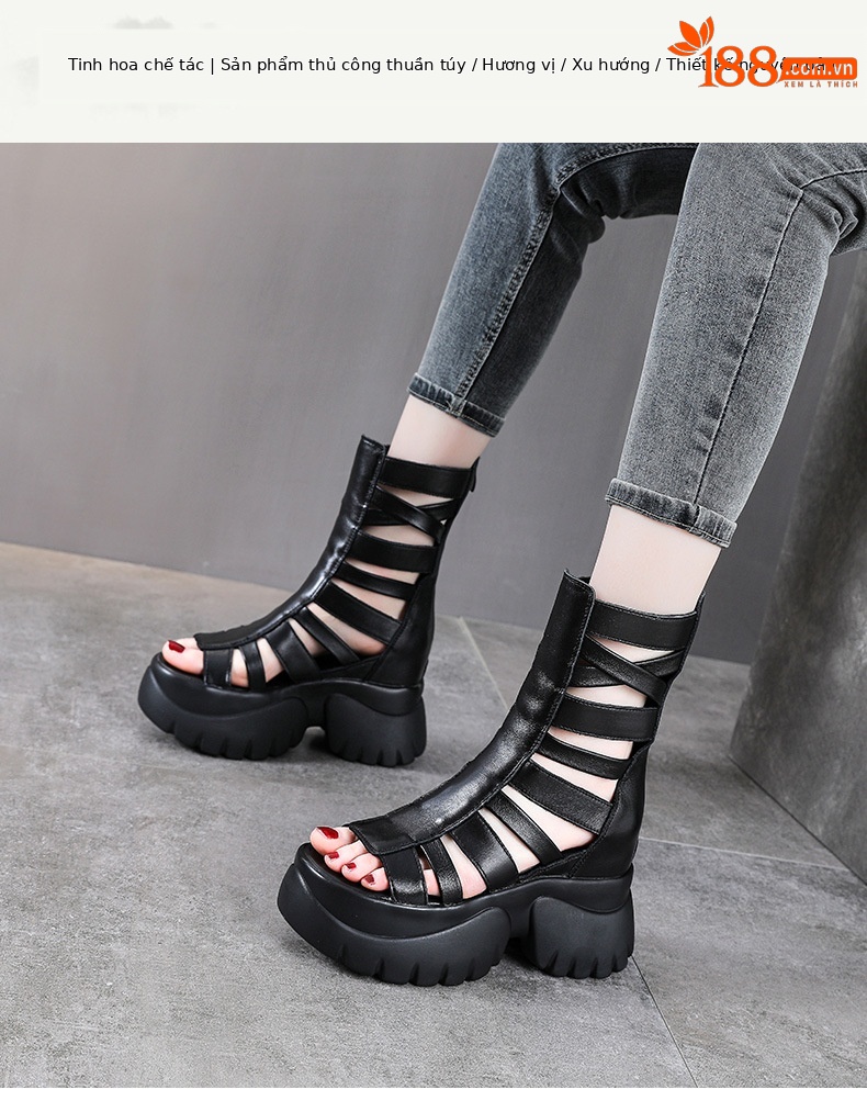 Giày sandal hở mũi da thật đế dày phong cách La Mã, tăng chiều cao — đen chi tiết 1