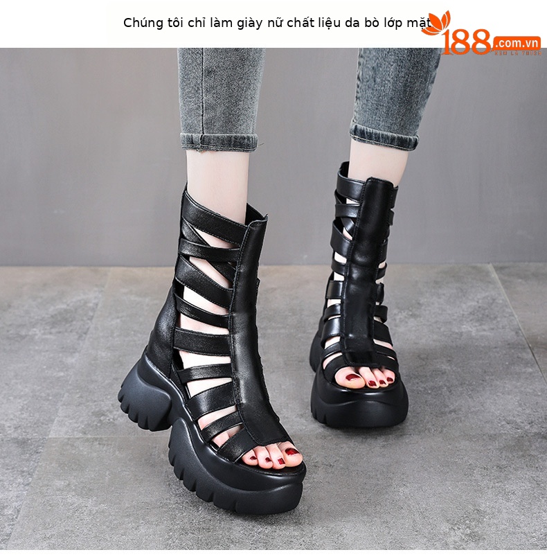 Giày sandal hở mũi da thật đế dày phong cách La Mã, tăng chiều cao — đen chi tiết 2