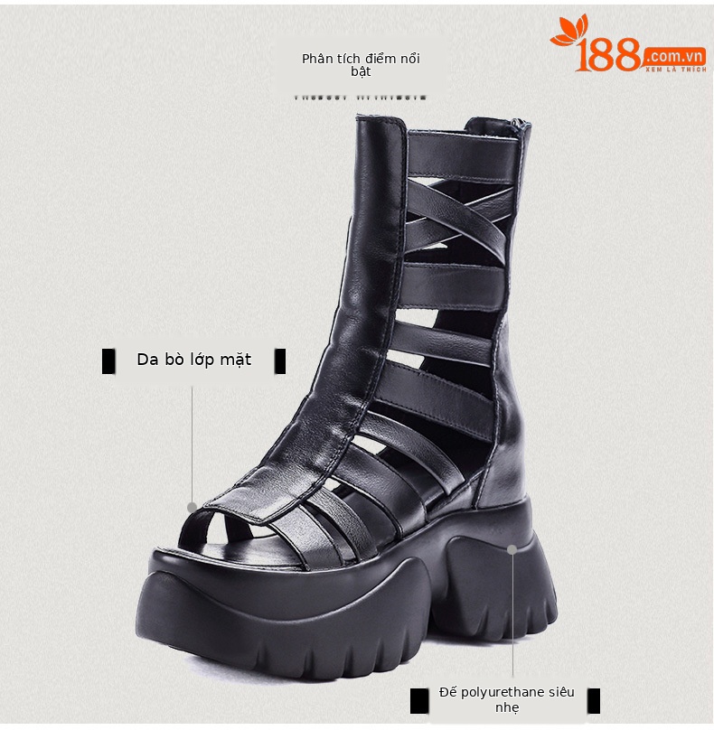 Giày sandal hở mũi da thật đế dày phong cách La Mã, tăng chiều cao — đen chi tiết 3