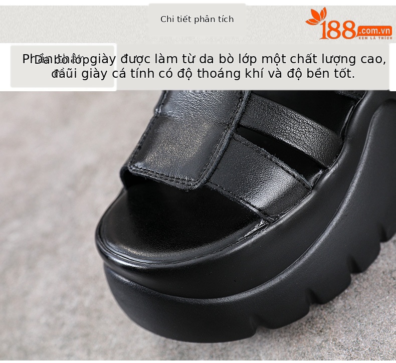 Giày sandal hở mũi da thật đế dày phong cách La Mã, tăng chiều cao — đen chi tiết 4