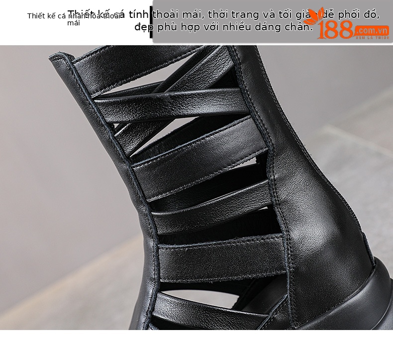 Giày sandal hở mũi da thật đế dày phong cách La Mã, tăng chiều cao — đen chi tiết 5