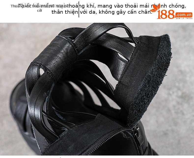 Giày sandal hở mũi da thật đế dày phong cách La Mã, tăng chiều cao — đen chi tiết 6