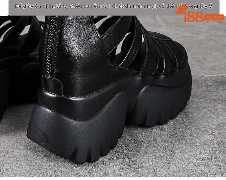 Giày sandal hở mũi da thật đế dày phong cách La Mã, tăng chiều cao — đen chi tiết 8
