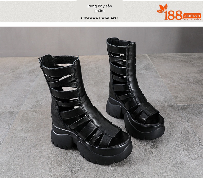Giày sandal hở mũi da thật đế dày phong cách La Mã, tăng chiều cao — đen chi tiết 10
