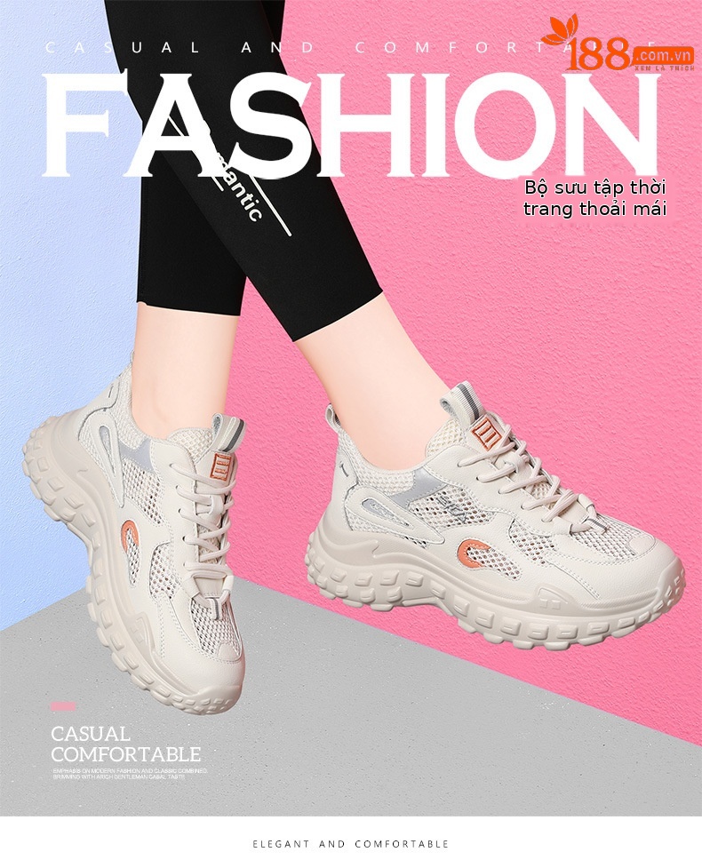 Giày sneaker chunky đế mềm siêu nhẹ lưới thoáng khí mùa hè 2025 — JST 1270 màu xanh lam, JST 1255 trắng đen, JST 11253-2 cao gót trắng xanh 5 cm, JST 1255 mơ trắng chi tiết 1
