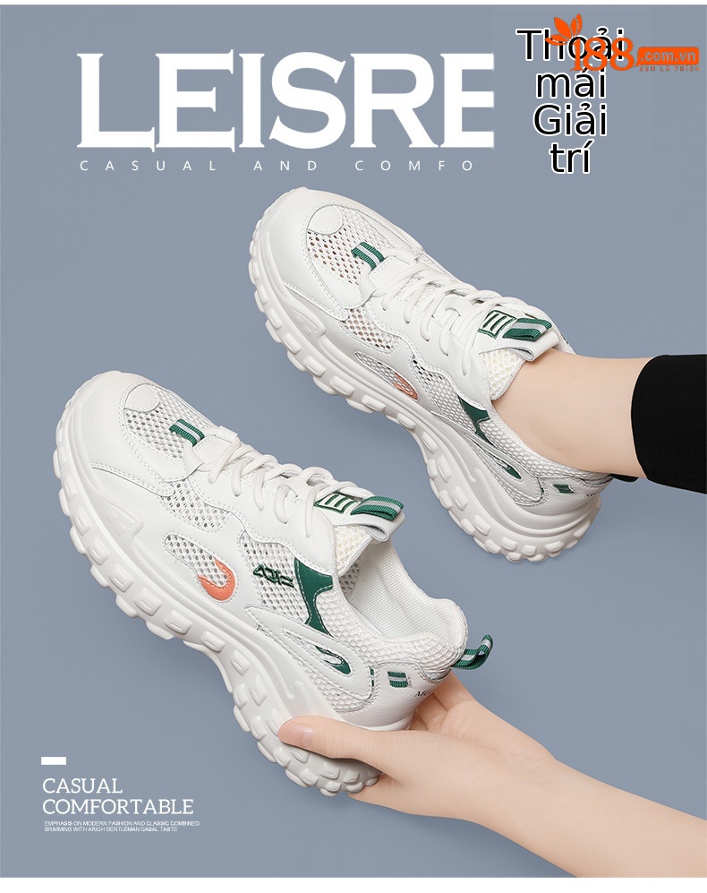 Giày sneaker chunky đế mềm siêu nhẹ lưới thoáng khí mùa hè 2025 — JST 1270 màu xanh lam, JST 1255 trắng đen, JST 11253-2 cao gót trắng xanh 5 cm, JST 1255 mơ trắng chi tiết 2