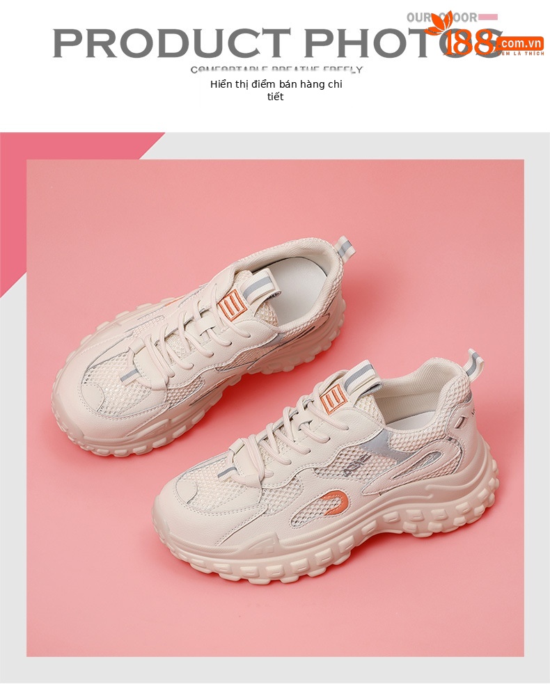Giày sneaker chunky đế mềm siêu nhẹ lưới thoáng khí mùa hè 2025 — JST 1270 màu xanh lam, JST 1255 trắng đen, JST 11253-2 cao gót trắng xanh 5 cm, JST 1255 mơ trắng chi tiết 3