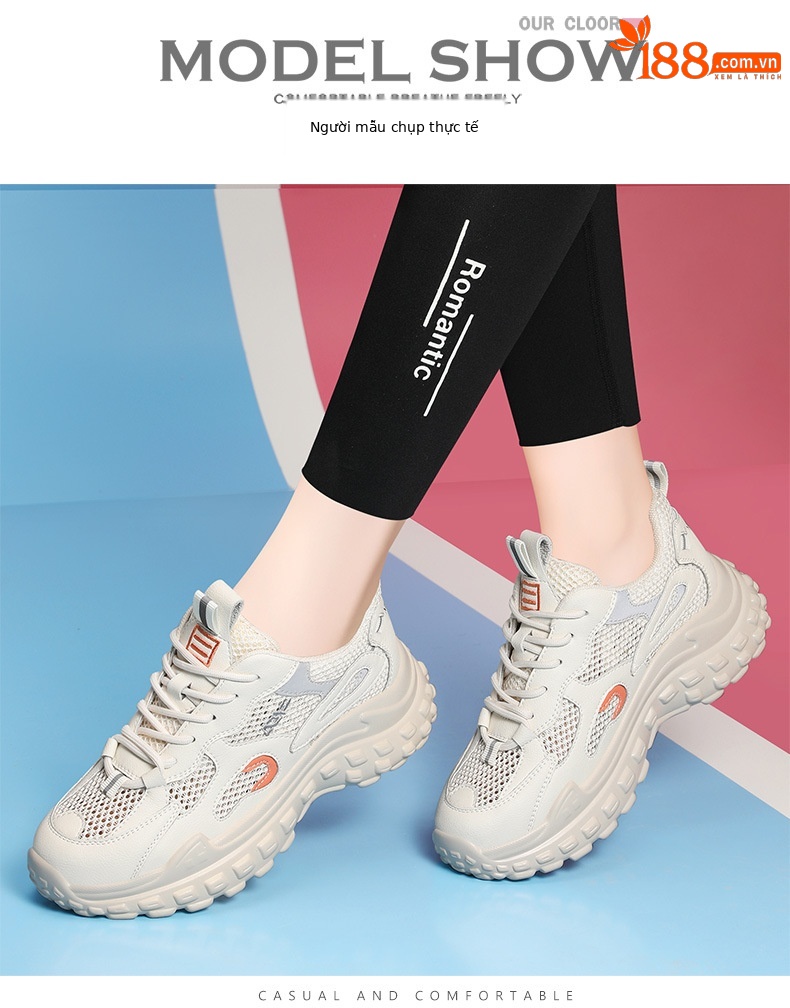 Giày sneaker chunky đế mềm siêu nhẹ lưới thoáng khí mùa hè 2025 — JST 1270 màu xanh lam, JST 1255 trắng đen, JST 11253-2 cao gót trắng xanh 5 cm, JST 1255 mơ trắng chi tiết 4