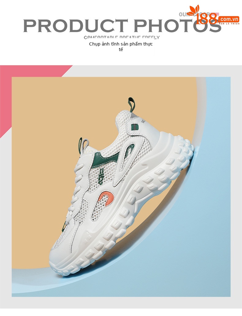 Giày sneaker chunky đế mềm siêu nhẹ lưới thoáng khí mùa hè 2025 — JST 1270 màu xanh lam, JST 1255 trắng đen, JST 11253-2 cao gót trắng xanh 5 cm, JST 1255 mơ trắng chi tiết 7