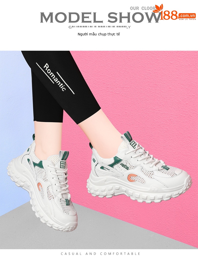 Giày sneaker chunky đế mềm siêu nhẹ lưới thoáng khí mùa hè 2025 — JST 1270 màu xanh lam, JST 1255 trắng đen, JST 11253-2 cao gót trắng xanh 5 cm, JST 1255 mơ trắng chi tiết 8