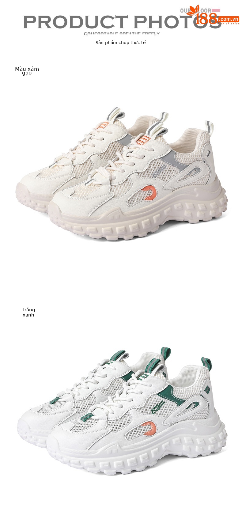 Giày sneaker chunky đế mềm siêu nhẹ lưới thoáng khí mùa hè 2025 — JST 1270 màu xanh lam, JST 1255 trắng đen, JST 11253-2 cao gót trắng xanh 5 cm, JST 1255 mơ trắng chi tiết 11