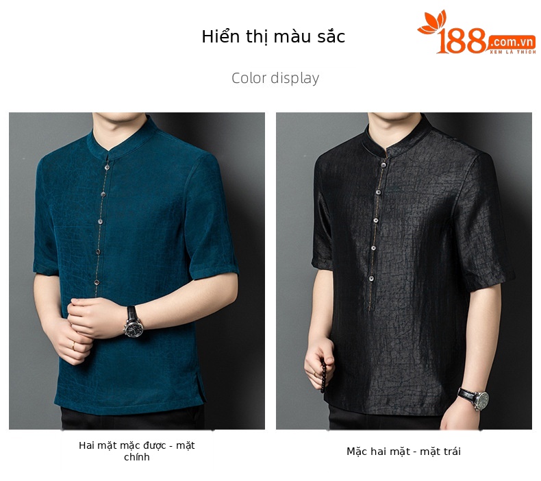 Áo sơ mi ngắn tay cổ đứng họa tiết thêu rùa phong cách Trang phục Đường Trung Quốc — YA010 màu đen chi tiết 7