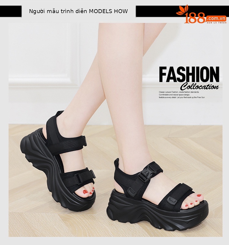 Sandal thể thao nữ đế xuồng gót 7 cm tăng chiều cao mùa hè — GQ FN0231/0610 màu đen gót cao 7 cm, GQ FN0231/0610 màu be gót cao 7 cm chi tiết 2