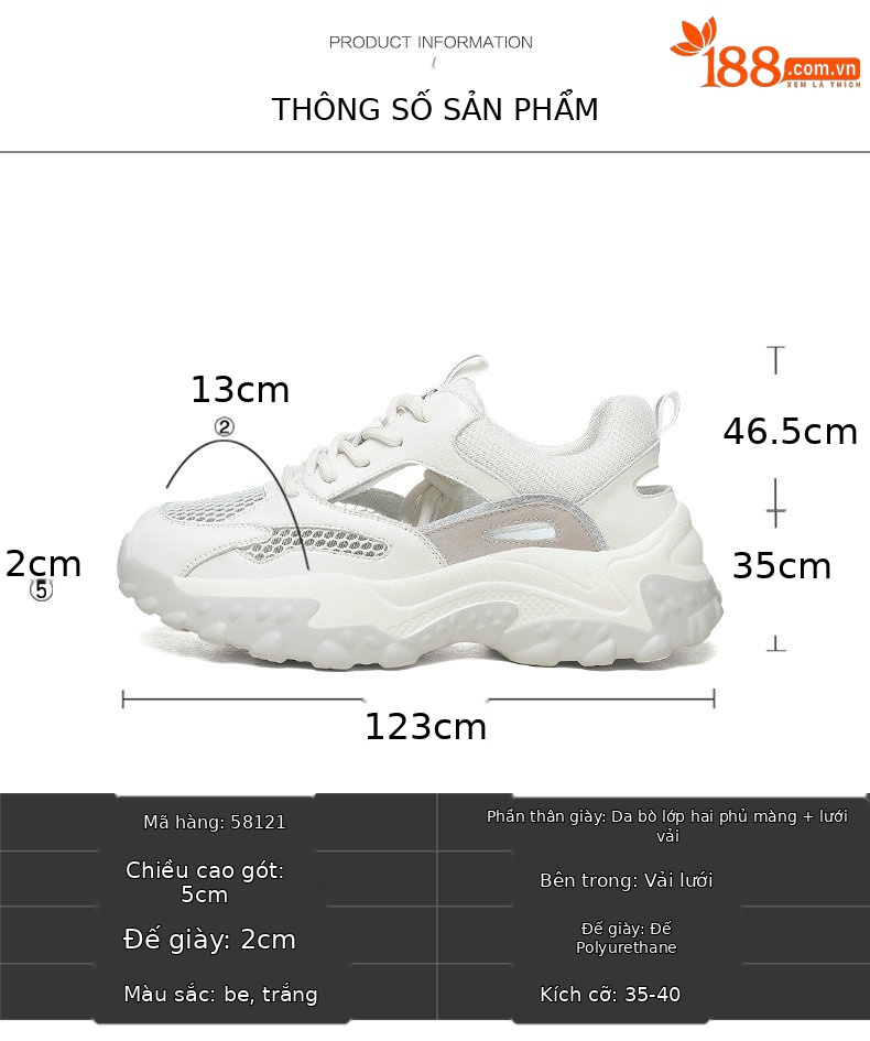 Giày sneaker nữ da thật bít mũi đế dày phong cách thể thao hở lỗ — LJ 58123 trắng nâu mẫu mùa hè, LJ 58121-2 m xám mẫu xuân thu, LJ 58606 mẫu mùa xuân và mùa thu màu be, LJ 58121 mẫu mùa hè trắng chi tiết 3