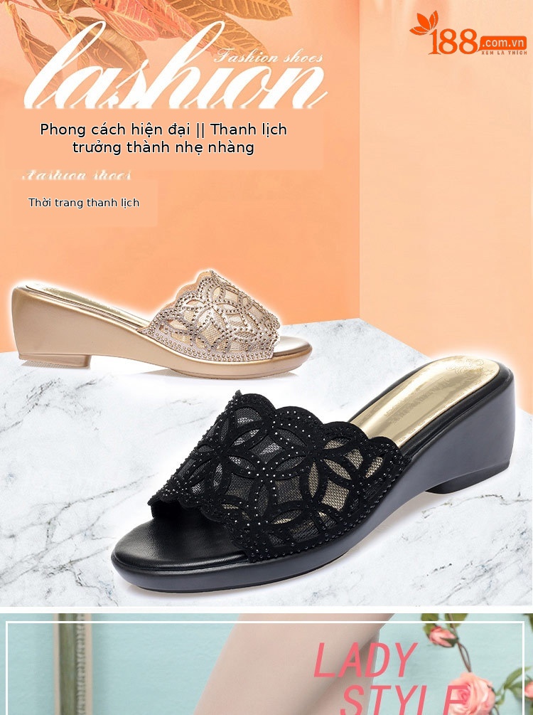 Dép sandal nữ da thật đế xuồng chống trượt cỡ lớn gót vừa — Màu đen chi tiết 1