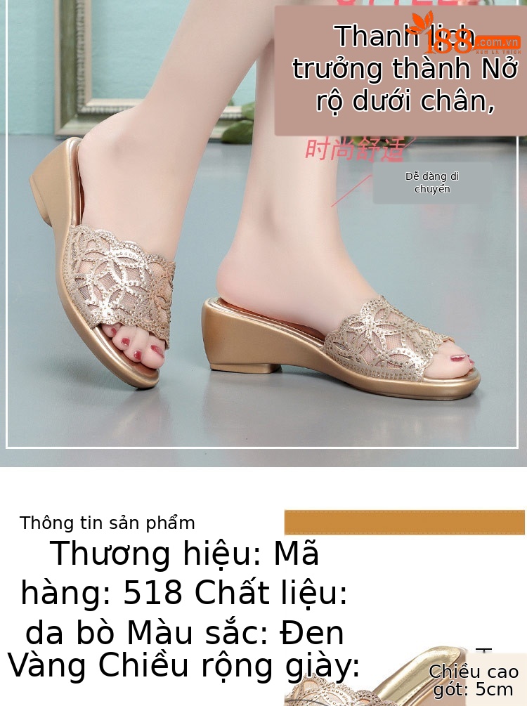 Dép sandal nữ da thật đế xuồng chống trượt cỡ lớn gót vừa — Màu đen chi tiết 2