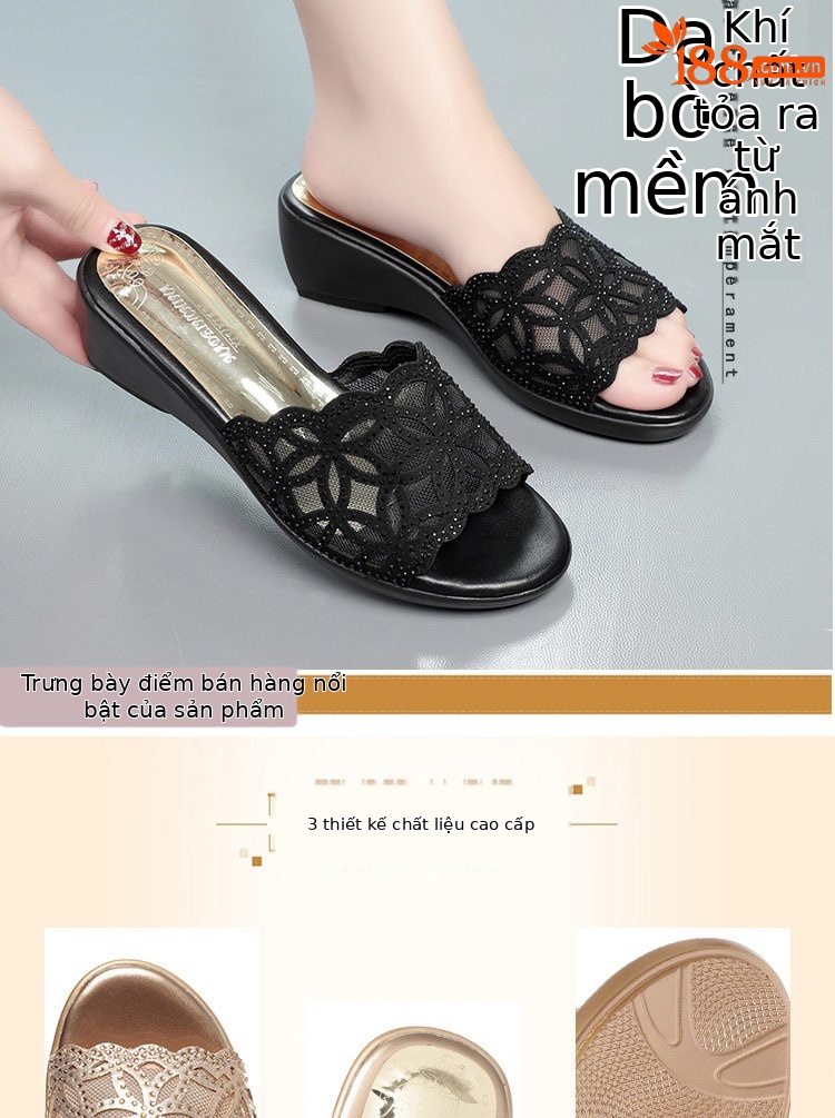 Dép sandal nữ da thật đế xuồng chống trượt cỡ lớn gót vừa — Màu đen chi tiết 4