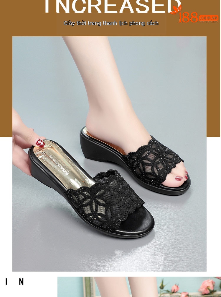 Dép sandal nữ da thật đế xuồng chống trượt cỡ lớn gót vừa — Màu đen chi tiết 8