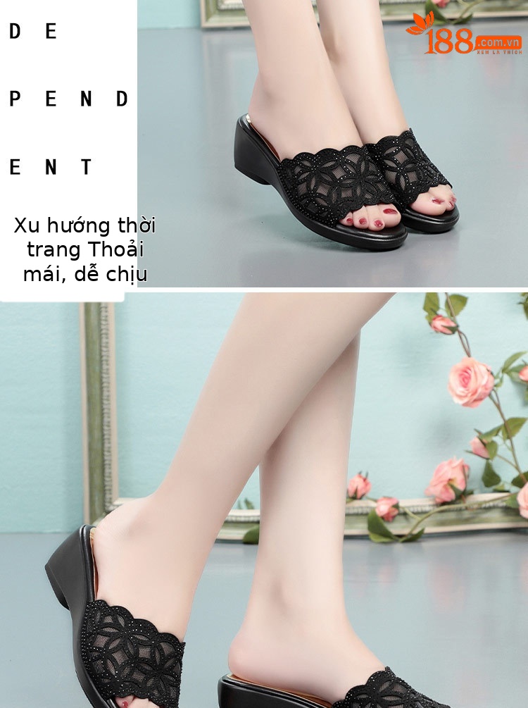 Dép sandal nữ da thật đế xuồng chống trượt cỡ lớn gót vừa — Màu đen chi tiết 9