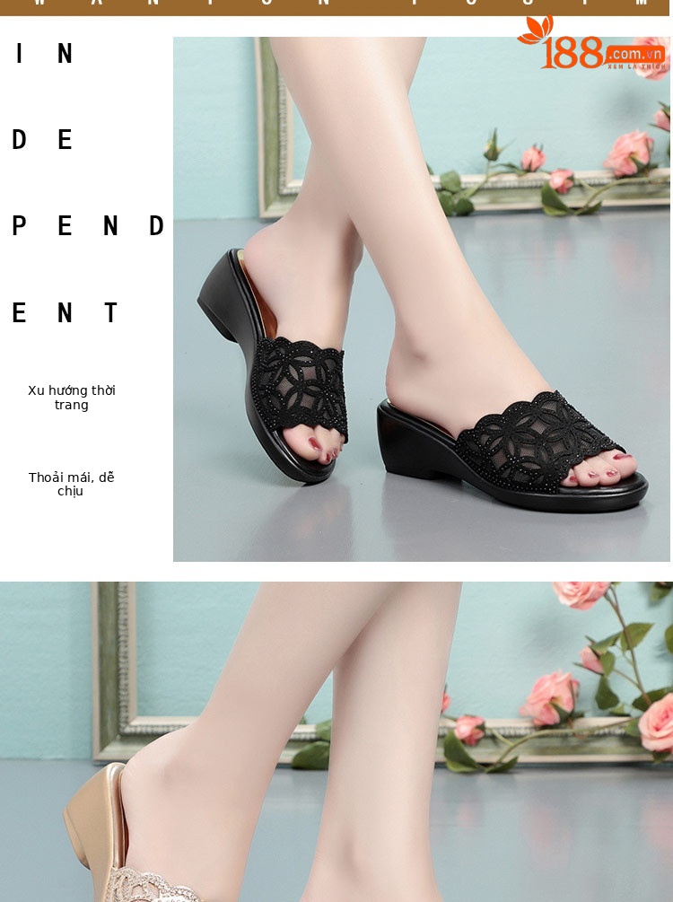 Dép sandal nữ da thật đế xuồng chống trượt cỡ lớn gót vừa — Màu đen chi tiết 11