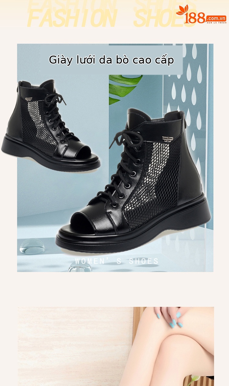 Boot lưới nữ đế dày thoáng khí cổ thấp dáng Martin — Màu đen chi tiết 1