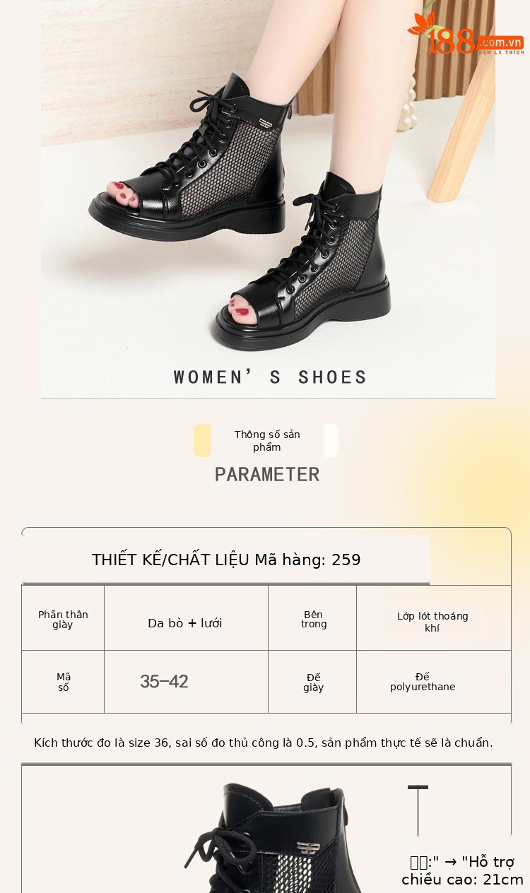 Boot lưới nữ đế dày thoáng khí cổ thấp dáng Martin — Màu đen chi tiết 2