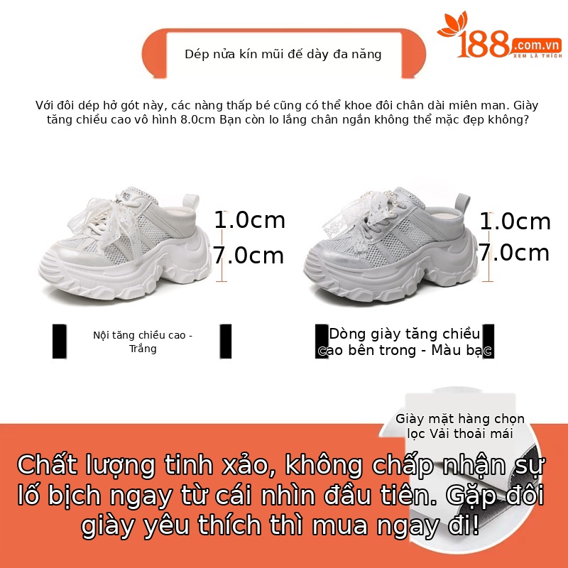 Dép lê bít mũi sneaker nữ đế dày tăng chiều cao mặt lưới thoáng khí — Màu trắng, Màu bạc
