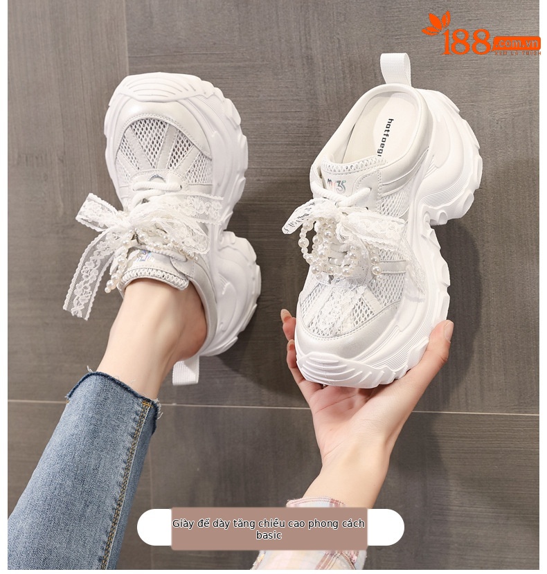 Dép lê bít mũi sneaker nữ đế dày tăng chiều cao mặt lưới thoáng khí — Màu trắng, Màu bạc chi tiết 1