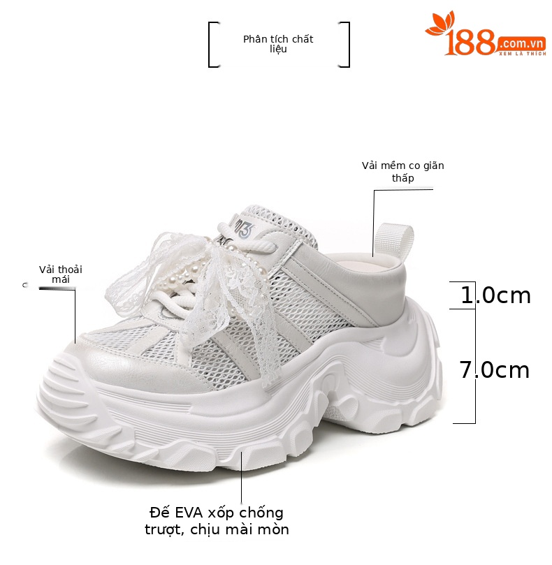 Dép lê bít mũi sneaker nữ đế dày tăng chiều cao mặt lưới thoáng khí — Màu trắng, Màu bạc chi tiết 3
