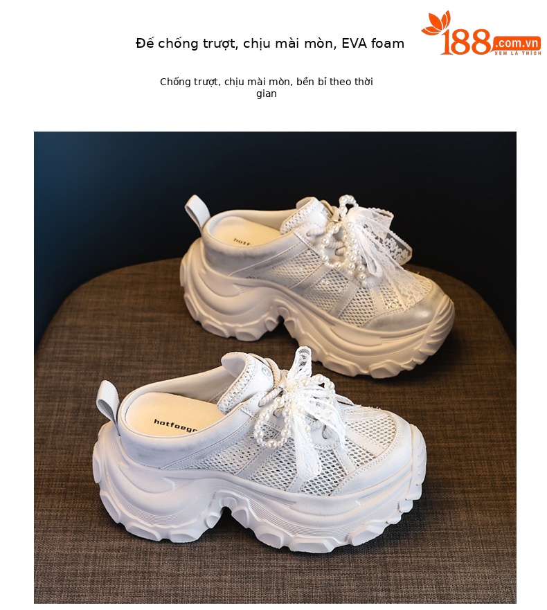 Dép lê bít mũi sneaker nữ đế dày tăng chiều cao mặt lưới thoáng khí — Màu trắng, Màu bạc chi tiết 10
