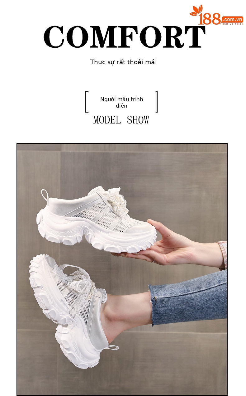 Dép lê bít mũi sneaker nữ đế dày tăng chiều cao mặt lưới thoáng khí — Màu trắng, Màu bạc chi tiết 11