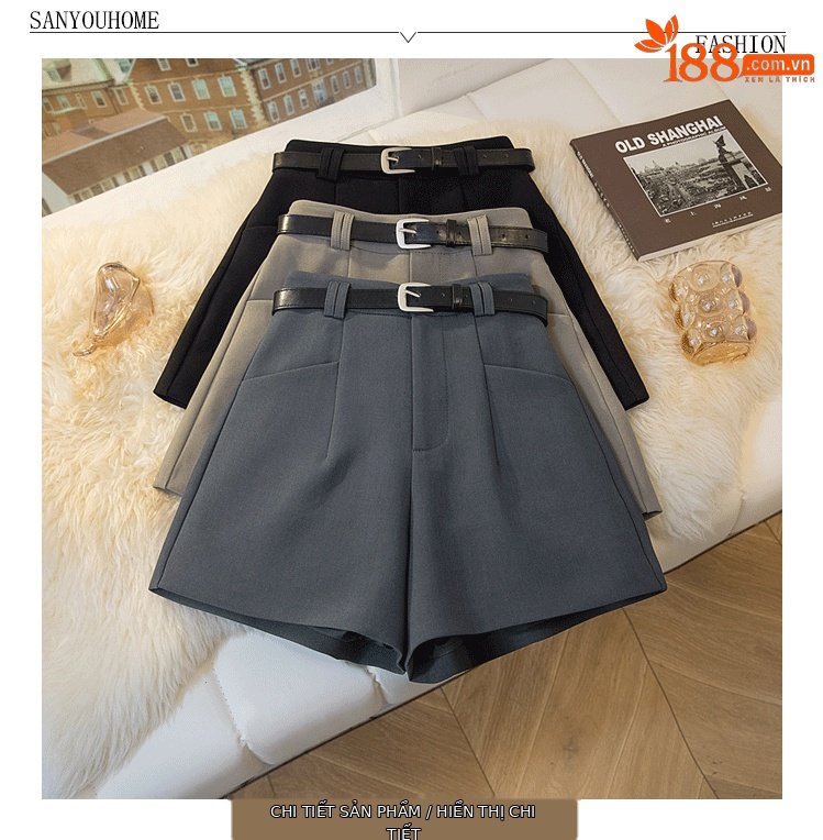 Quần short vest nữ cạp cao dáng chữ A ống rộng size lớn — Màu đen (thắt lưng miễn phí) chi tiết 1