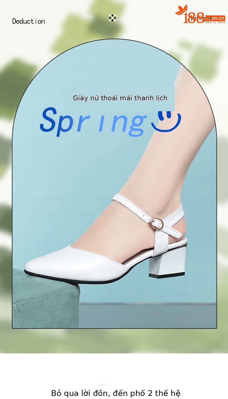 Sandal cao gót nữ mũi nhọn bít mũi da thật gót thô — Màu trắng chi tiết 1