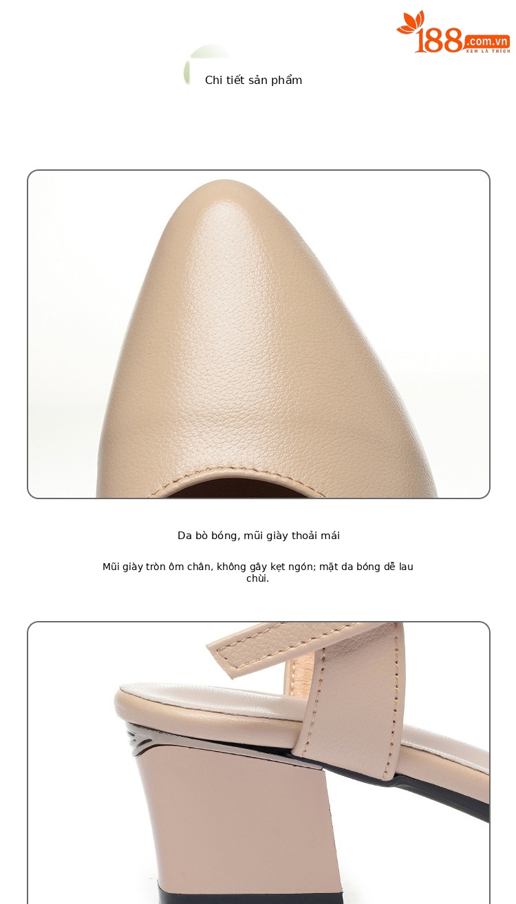 Sandal cao gót nữ mũi nhọn bít mũi da thật gót thô — Màu trắng chi tiết 6
