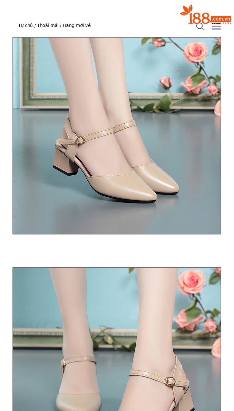 Sandal cao gót nữ mũi nhọn bít mũi da thật gót thô — Màu trắng chi tiết 10