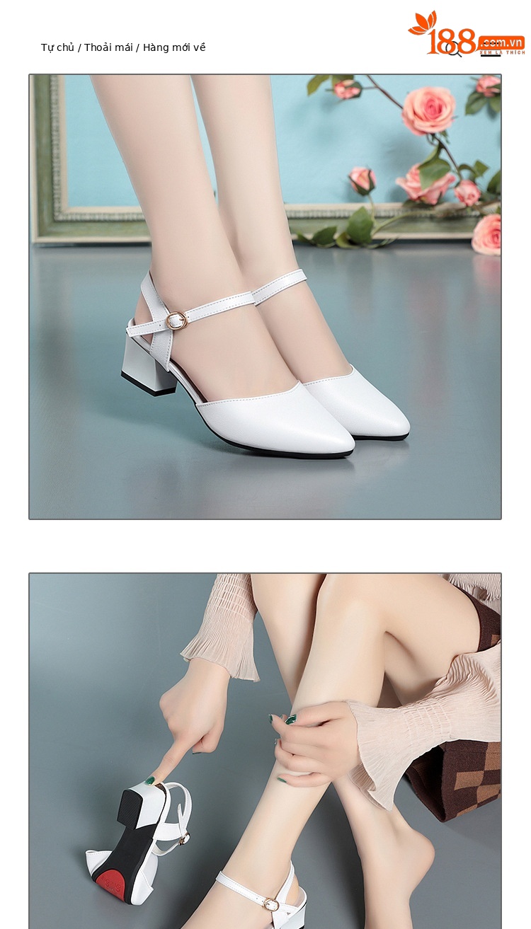 Sandal cao gót nữ mũi nhọn bít mũi da thật gót thô — Màu trắng chi tiết 13