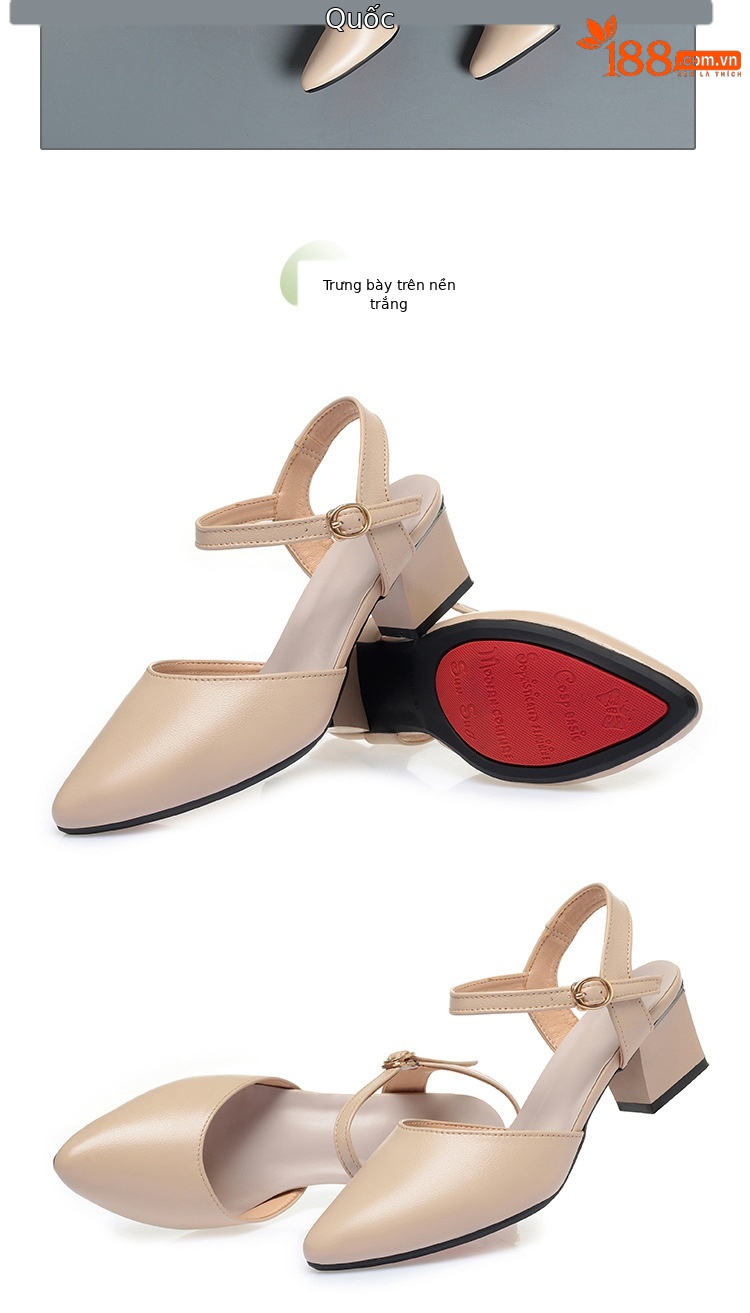 Sandal cao gót nữ mũi nhọn bít mũi da thật gót thô — Màu trắng chi tiết 15