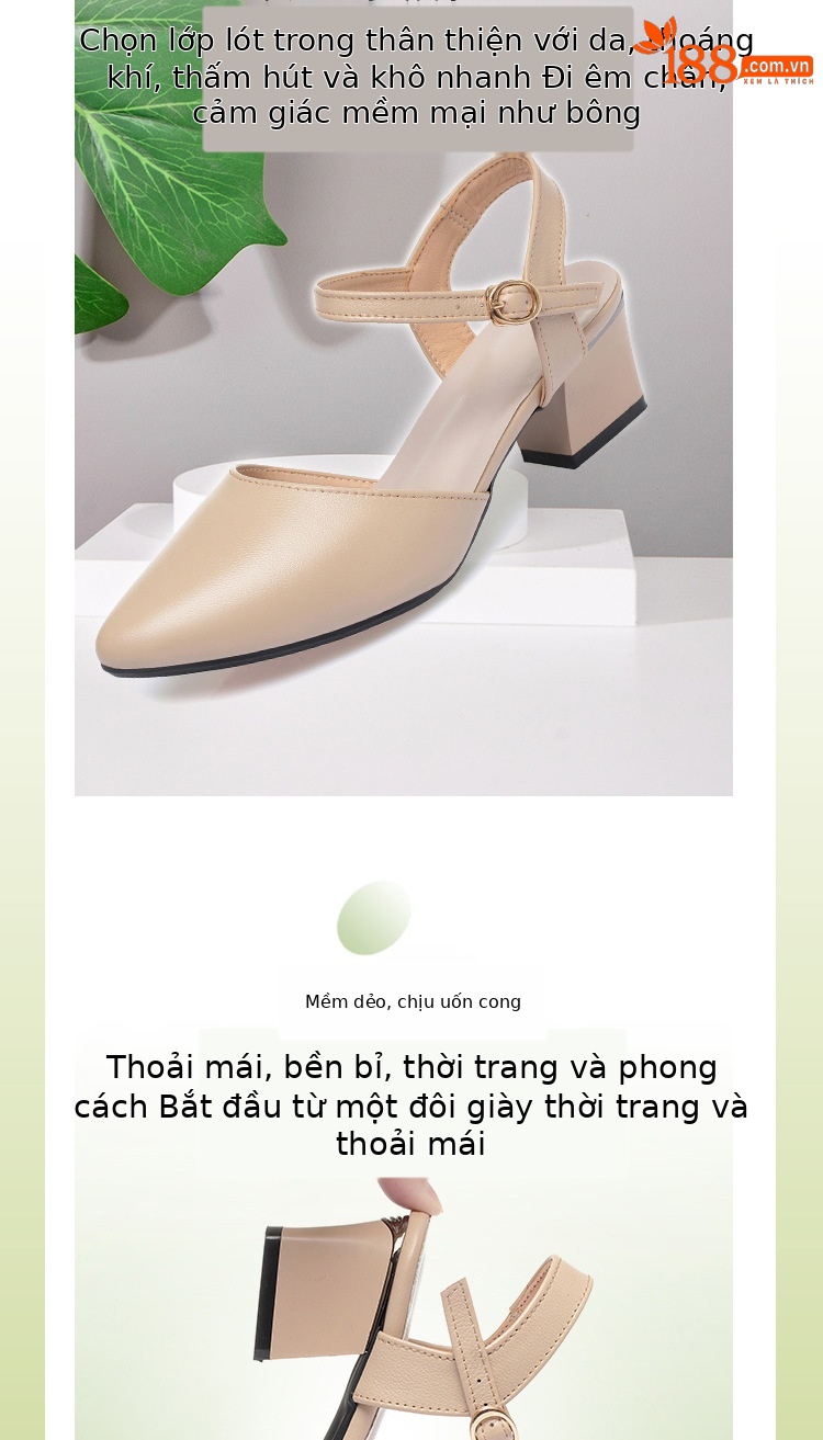 Sandal cao gót nữ mũi nhọn bít mũi da thật gót thô — Màu trắng chi tiết 4