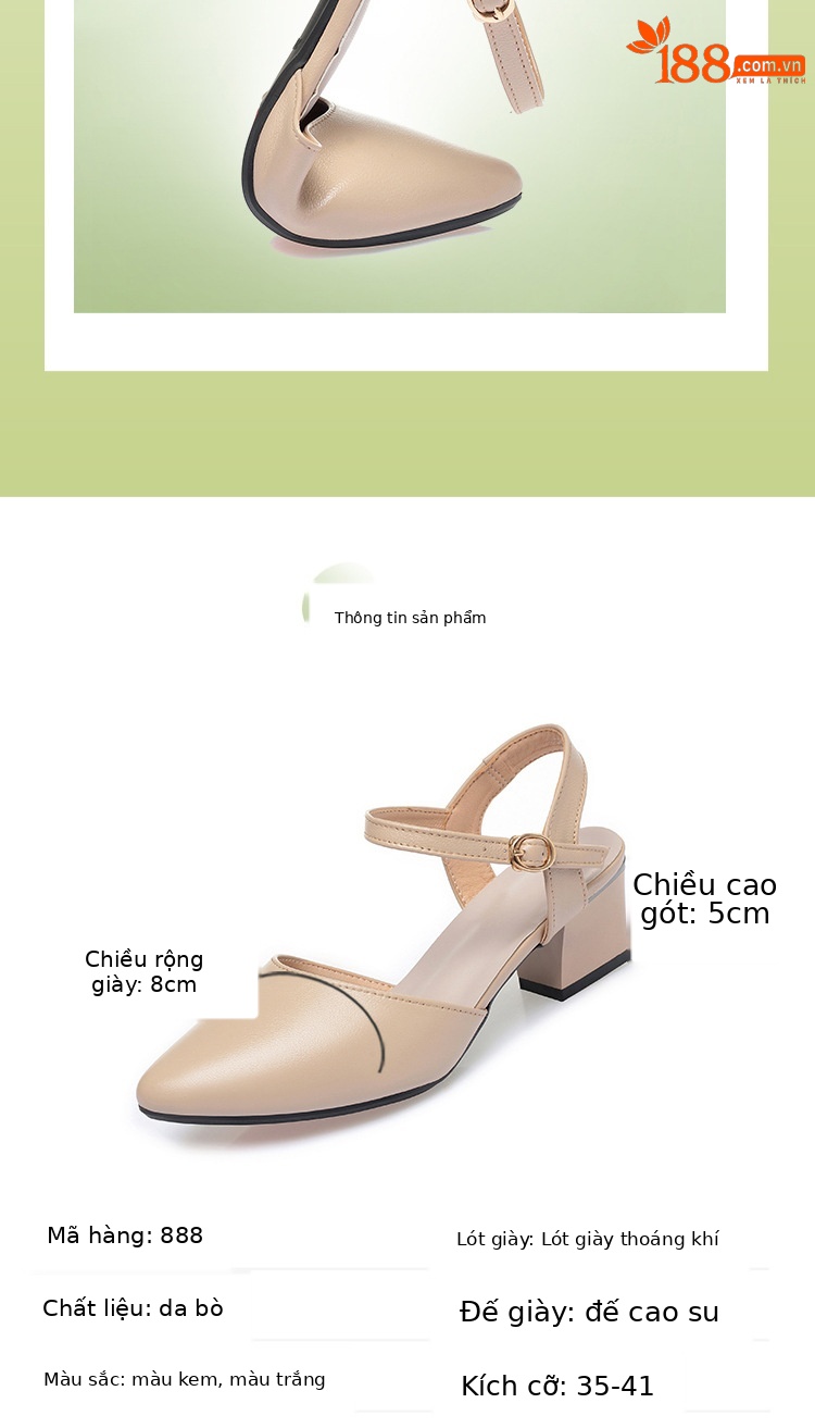 Sandal cao gót nữ mũi nhọn bít mũi da thật gót thô — Màu trắng chi tiết 5