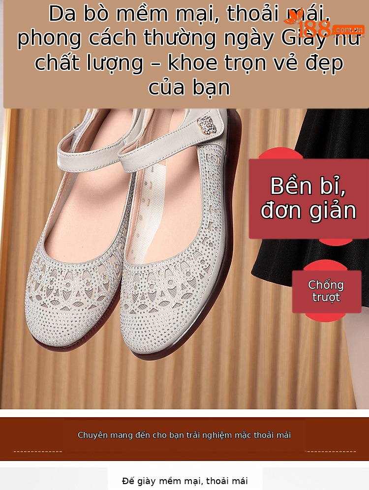 Sandal da thật quai chữ V đế bệt mùa hè cho nữ cỡ lớn — Màu be chi tiết 2