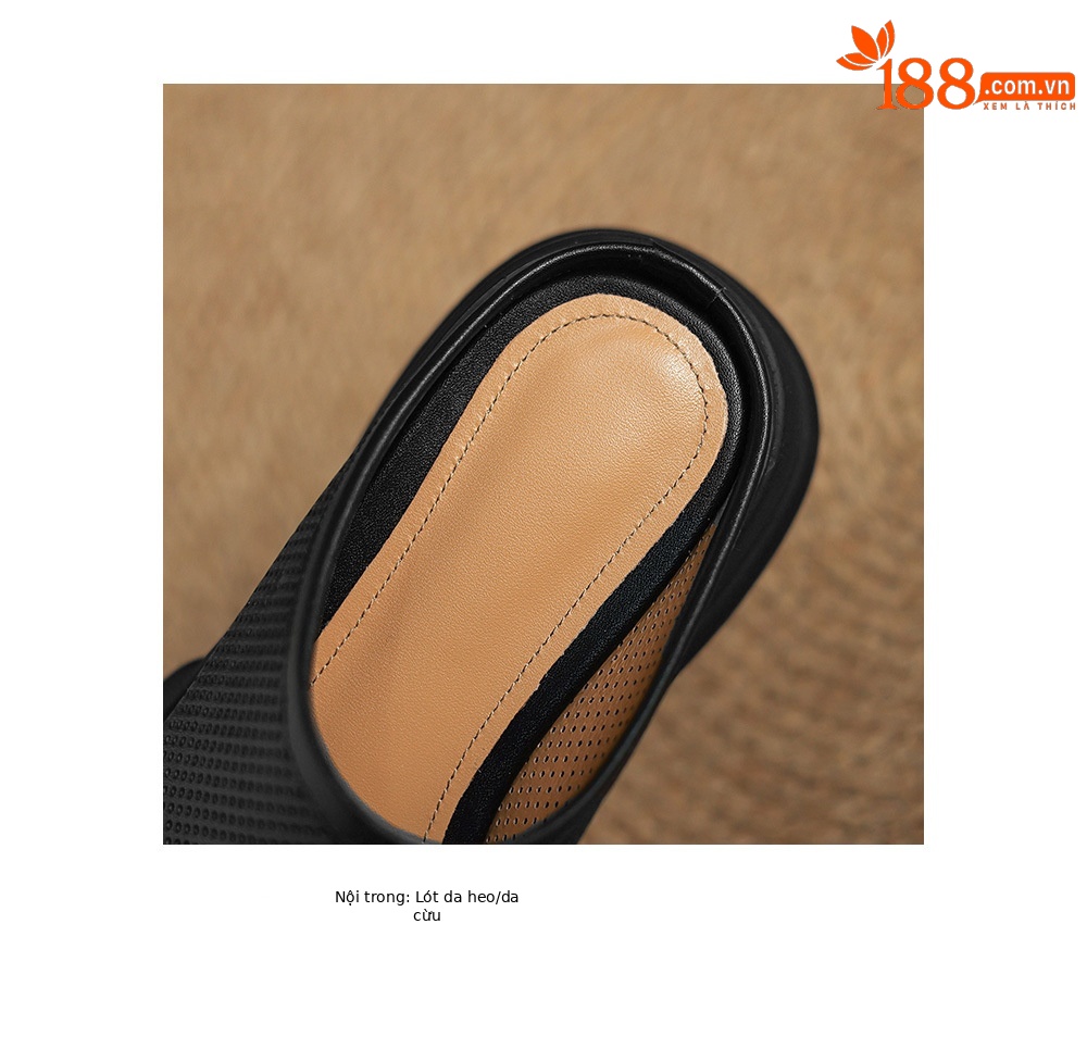 Dép sandal nữ quai ngang đế xuồng da bò, gót cao khoét lỗ — đen chi tiết 19