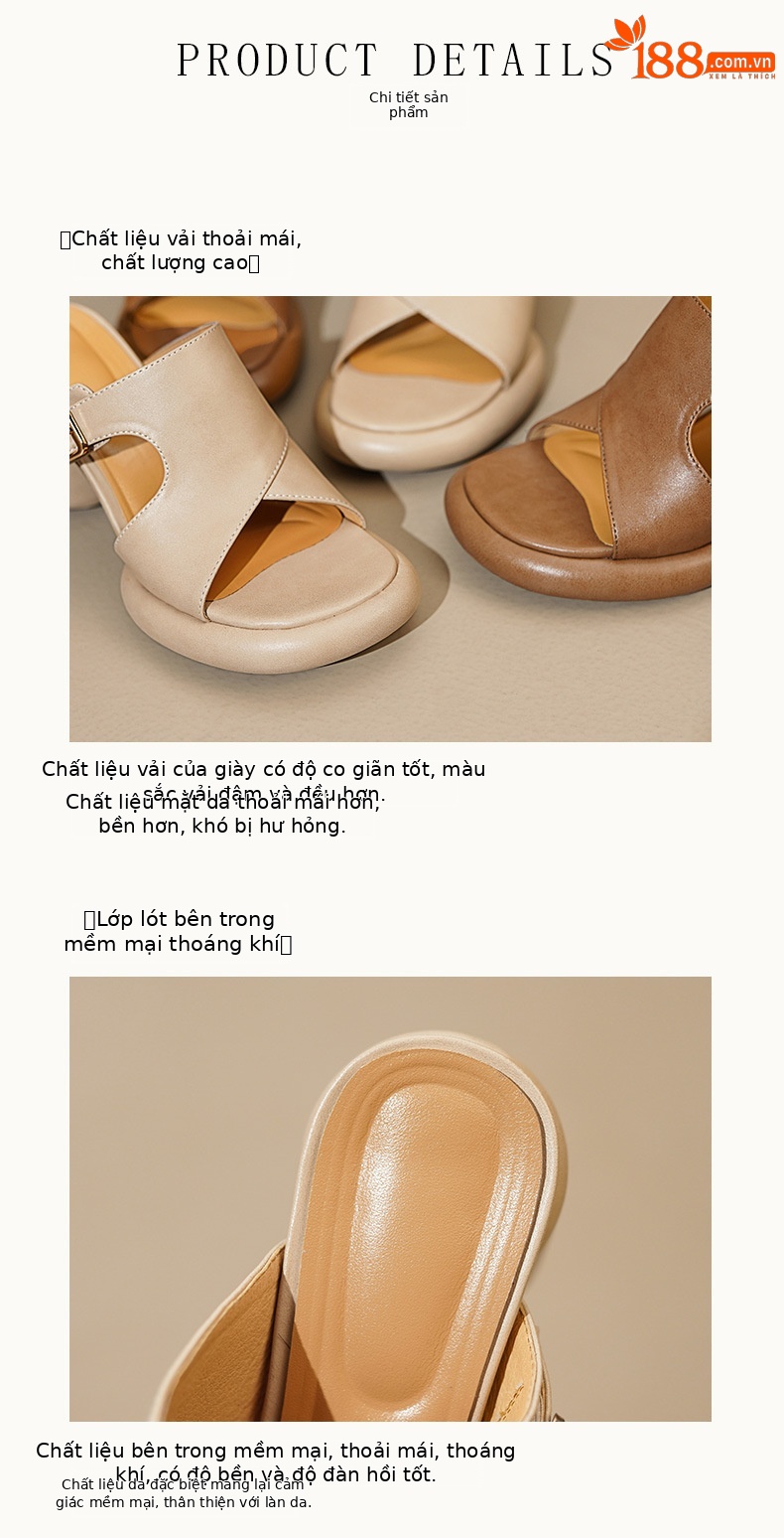 Dép sandal cao gót nữ quai ngang hở mũi đế dày gót thô — Màu nâu, Màu mơ chi tiết 7