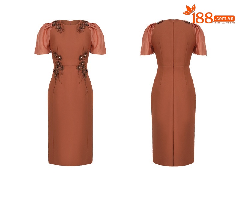 Đầm ôm body nữ hoa nổi 3D eo túi đính kèm, phong cách trưởng thành nhẹ nhàng — Màu đỏ gạch chi tiết 3