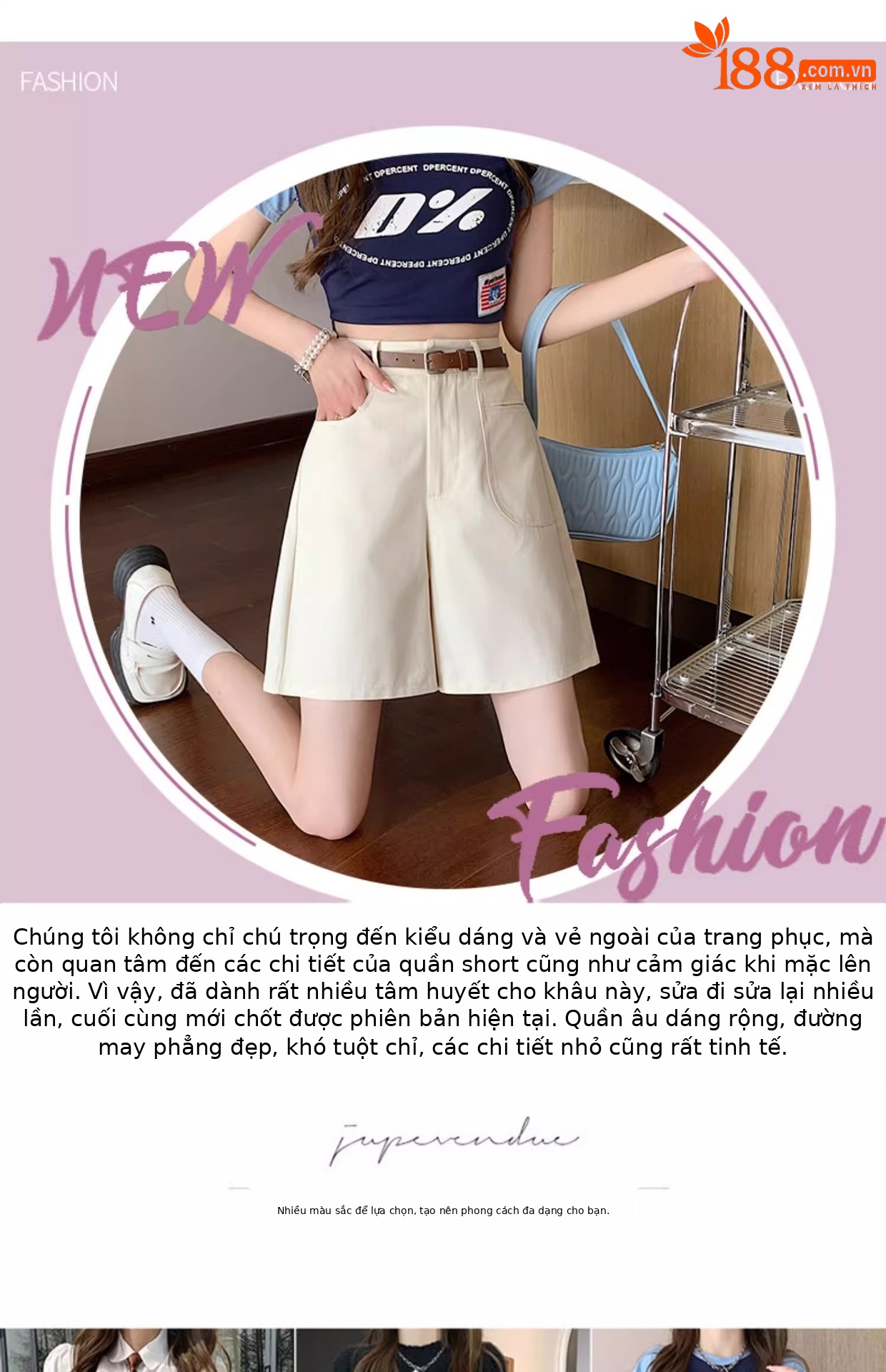 Quần short nữ cạp cao ống rộng dáng suông dài ngang đùi kiểu Hồng Kông — Màu đen chi tiết 1
