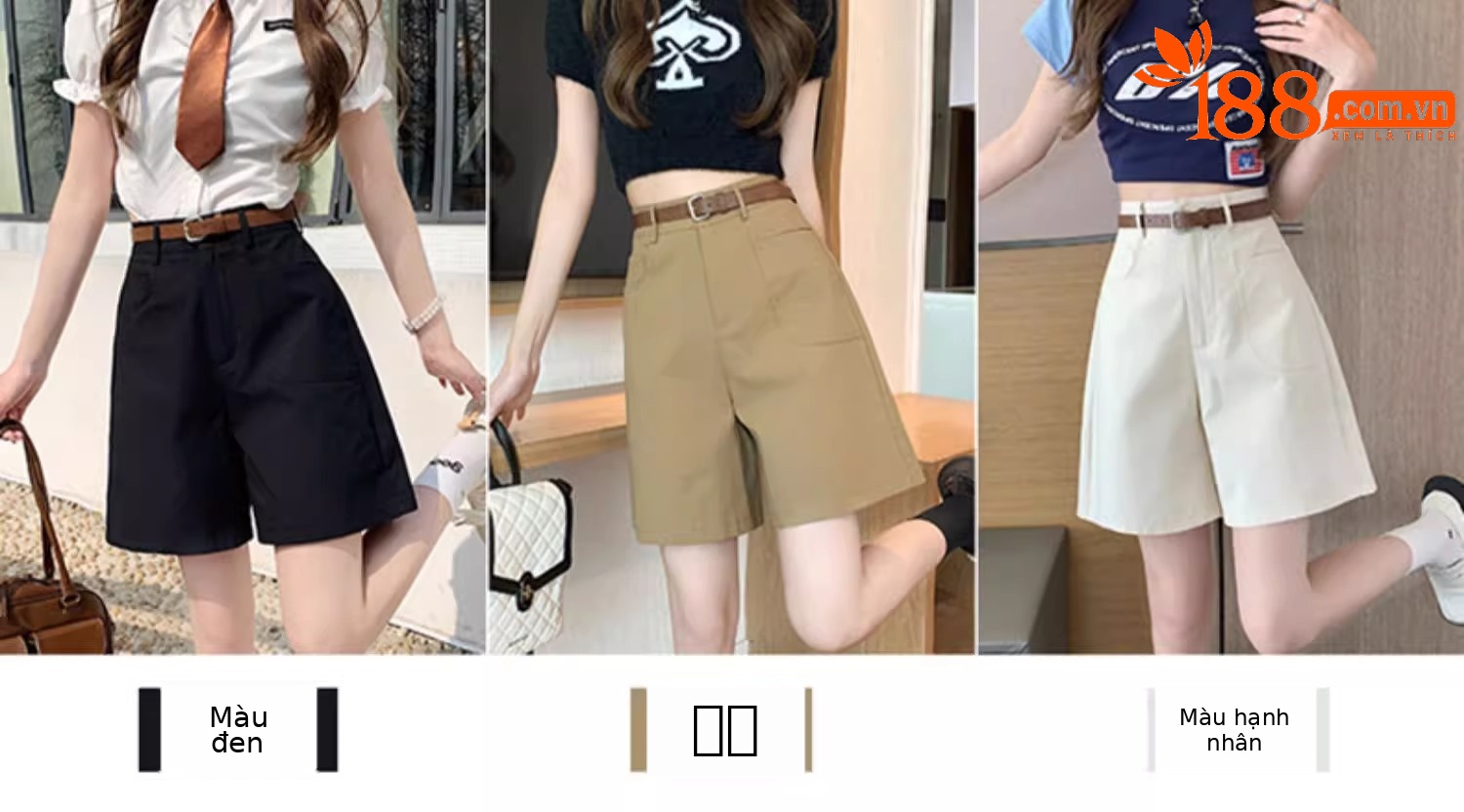 Quần short nữ cạp cao ống rộng dáng suông dài ngang đùi kiểu Hồng Kông — Màu đen chi tiết 2
