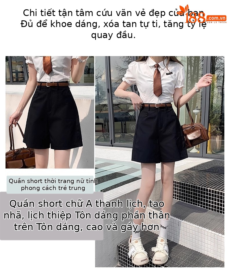 Quần short nữ cạp cao ống rộng dáng suông dài ngang đùi kiểu Hồng Kông — Màu đen chi tiết 3