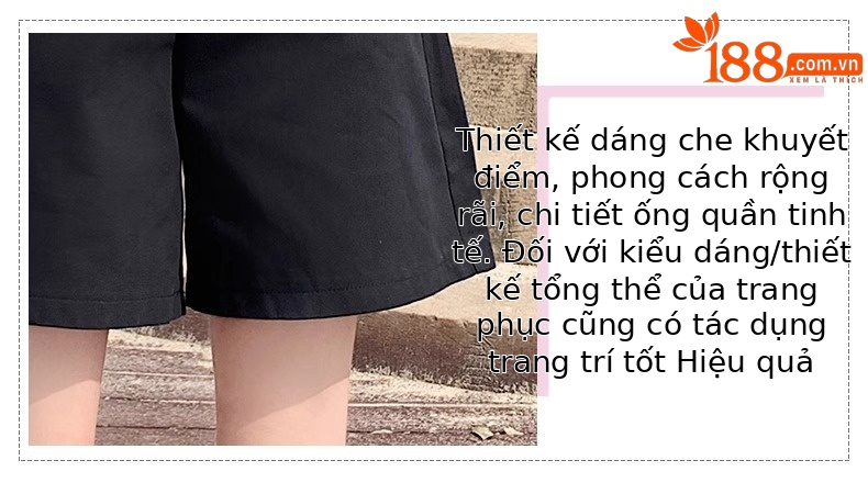 Quần short nữ cạp cao ống rộng dáng suông dài ngang đùi kiểu Hồng Kông — Màu đen chi tiết 4