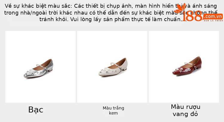 Giày bệt mũi nhọn đính ngọc trai da thật gót thấp — màu đỏ tía, Màu trắng nhạt, bạc chi tiết 3