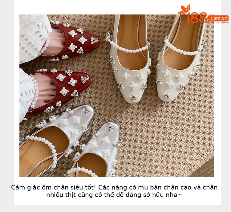 Giày bệt mũi nhọn đính ngọc trai da thật gót thấp — màu đỏ tía, Màu trắng nhạt, bạc chi tiết 6